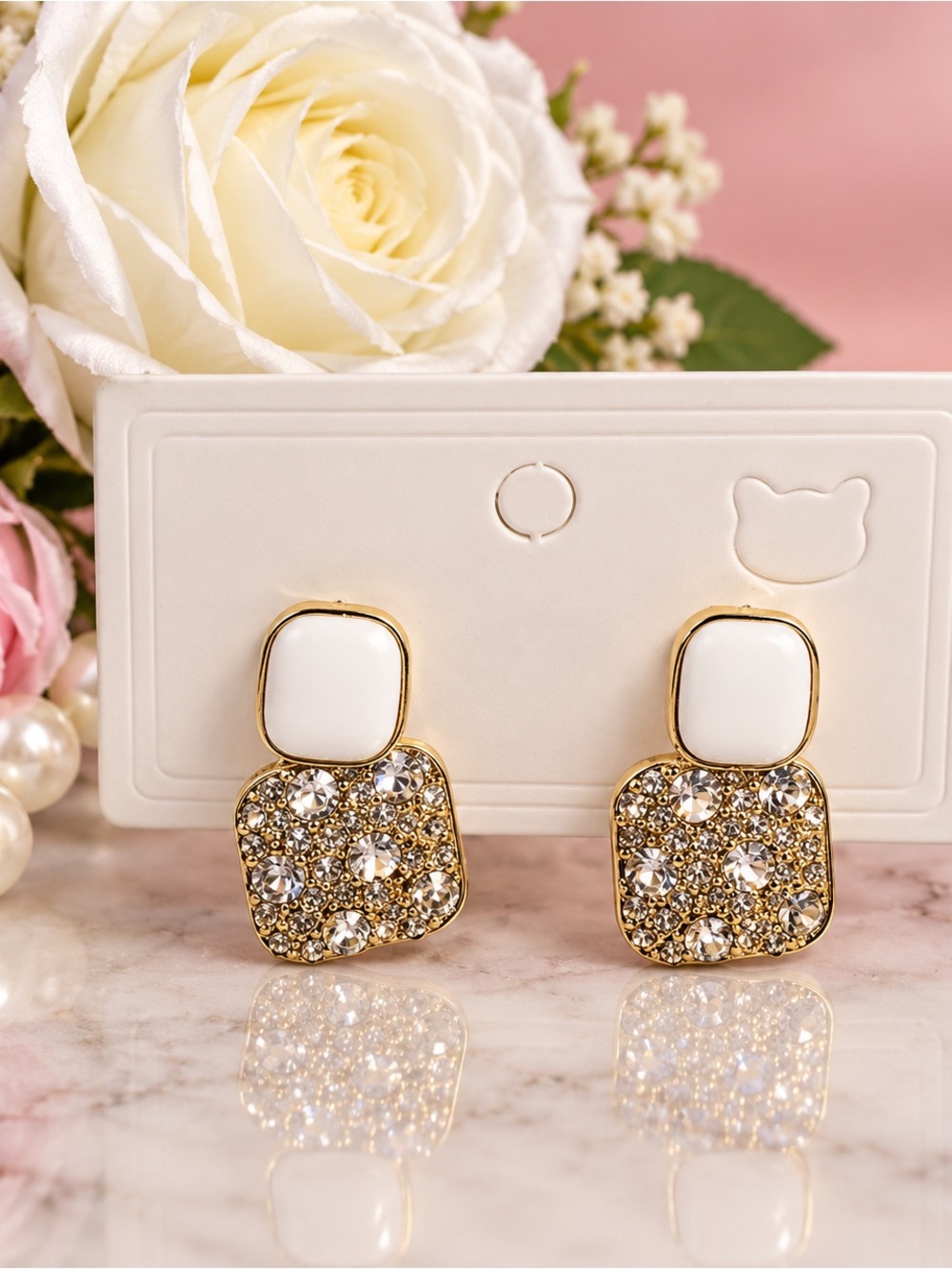 Elegant White and Gold Crystal Square Drop Earrings